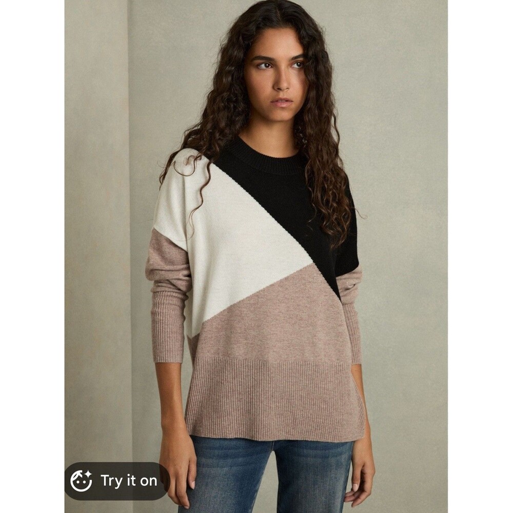 Reiss Camel/Black Faye Crew-Neck Jumper With Wool and Cashmere Large Colorblock